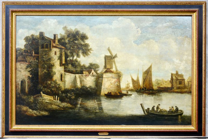 “Waterlandschap met personages in een boot”. Olieverf op paneel. Gerestaureerd. Toegeschreven aan Thomas Heeremans (1641-1694).