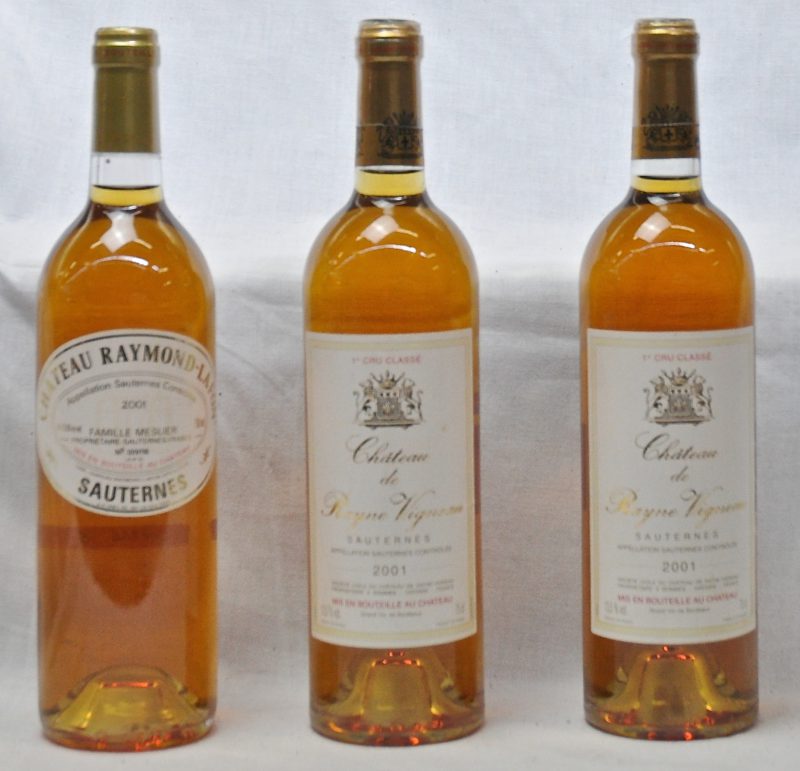 Lot witte Bordeaux  A.C. Sauternes     2001  aantal: 3 bt.    Ch. Raymond-Lafon A.C. Sauternes   M.C.  2001  aantal: 1 bt.    Ch. de Rayne Vigneau A.C. Sauternes 1e grand cru classé  M.C.  2001  aantal: 2 bt.