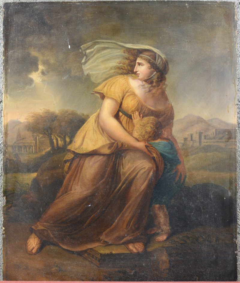 “Moeder en kind in een romantiserend landschap”. Olieverf op paneel. XIXe eeuw. Lichte schade/vervaging.