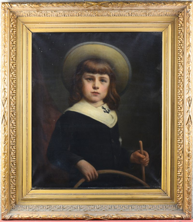 “Jongensportret”. Olieverf op doek. Gesigneerd. Belgische school, XIXe eeuw.