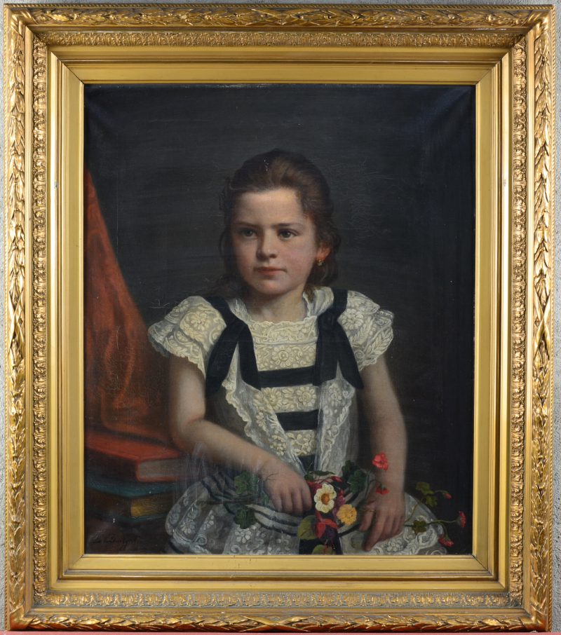 “Meisjesportret”. Olieverf op doek. Gesigneerd. Belgische school, XIXe eeuw. Achteraan gedateerd 1892.