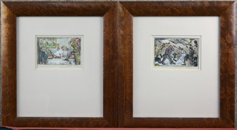 Twee ingekleurde etsen uit de reeks “De zeven hoofdzonden beheerst door de dood” van James Ensor. In de plaat gesigneerd en met een apocriefe handtekening in potlood.