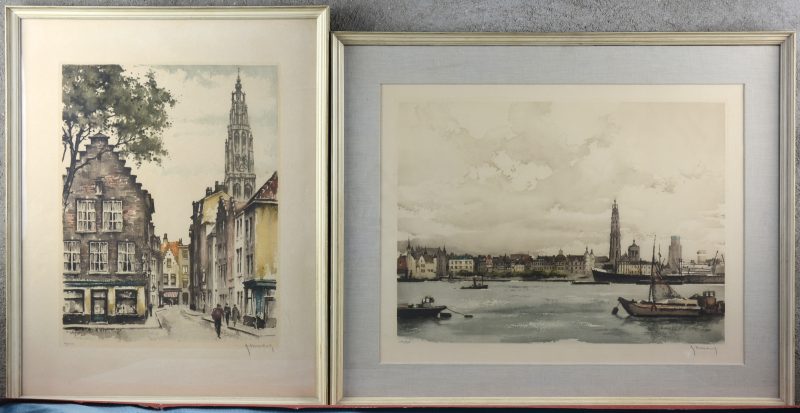 Twee kleurenetsen met zichten op Antwerpen. Beide Gesigneerd buiten de plaat en genummerd 161/350 & 204/350.