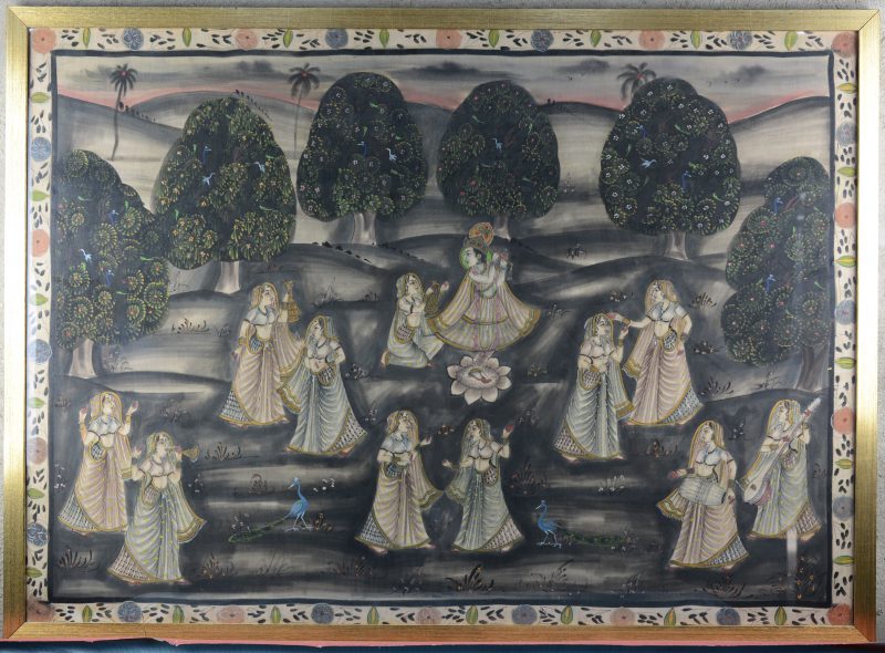Een tangka met vrouwen in een landschap. Gouache op zijde.