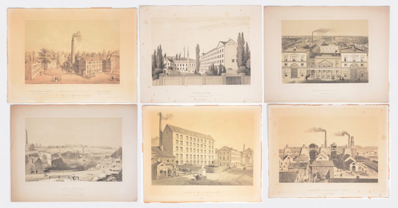 Een reeks van vijf losse lithografieën uit de reeks ‘Belgique Industrielle’, met XIXe eeuwse zichten op bekende industriële bedrijven. Ed. Simonau & Toovey.