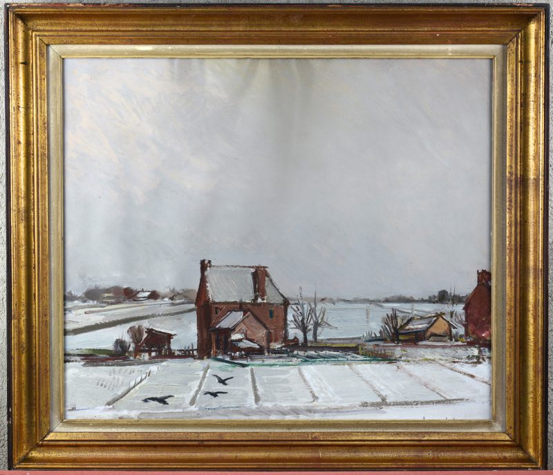 “Huizen in een winters landschap. Olieverf doek. Toegeschreven aan Broeder Max (1903 - 1973).