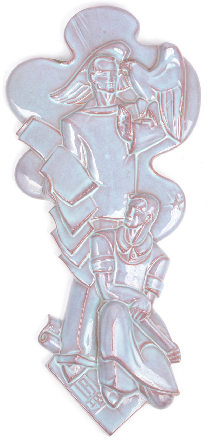 Een bas-reliëf van geglazuurd terracotte, ontworpen voor Drukkerij Blondeel. Katserlee, 1978. Gemonogrameerd.