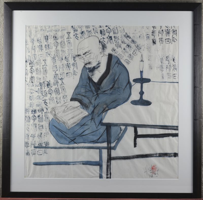 Een Chinese aquarel met voorstelling van een schriftgeleerde. Gesigneerd.