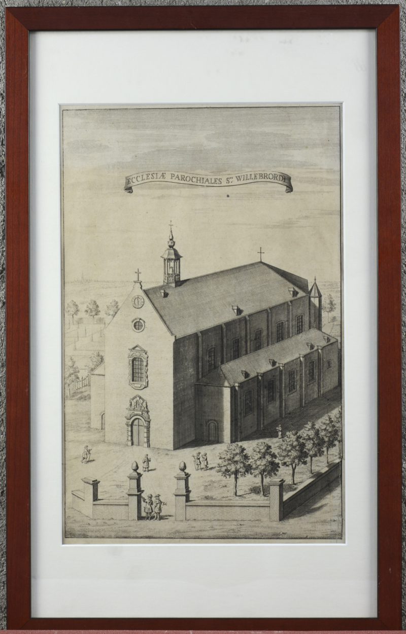 “Parochiekerk St. Wilibrordi”. Een oude gravure. Omstreeks 1700.