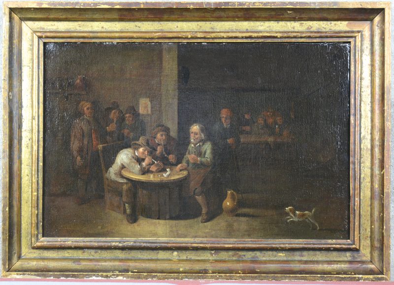 “Herbergscène met pijprokers”. Olieverf op doek. Vlaamse school, oomstreeks 1700.