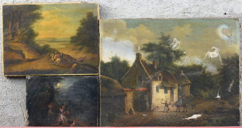 Drie XIXe eeuwse olieverfscilderijtjes op doek. Beschadigingen.
