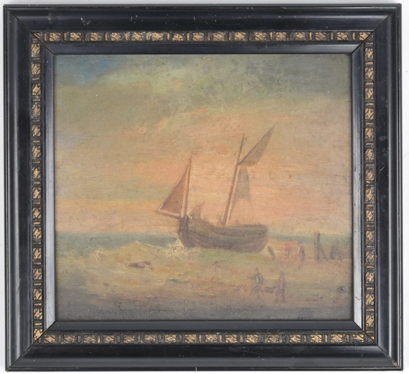 “Vissersboot en personages op het strand”. Olieverf op paneel. Achteraan toeschrijving aan Van de Velde 1834.