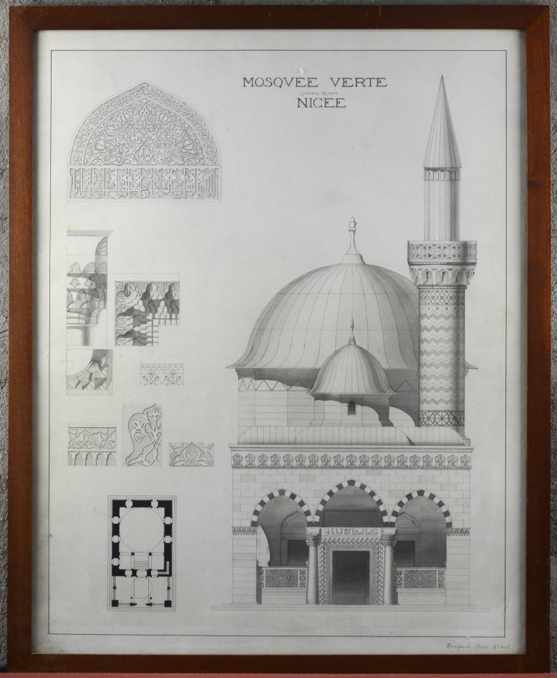 Een architecturale tekening van de groene moskee te Iznik. Gesigneerd.