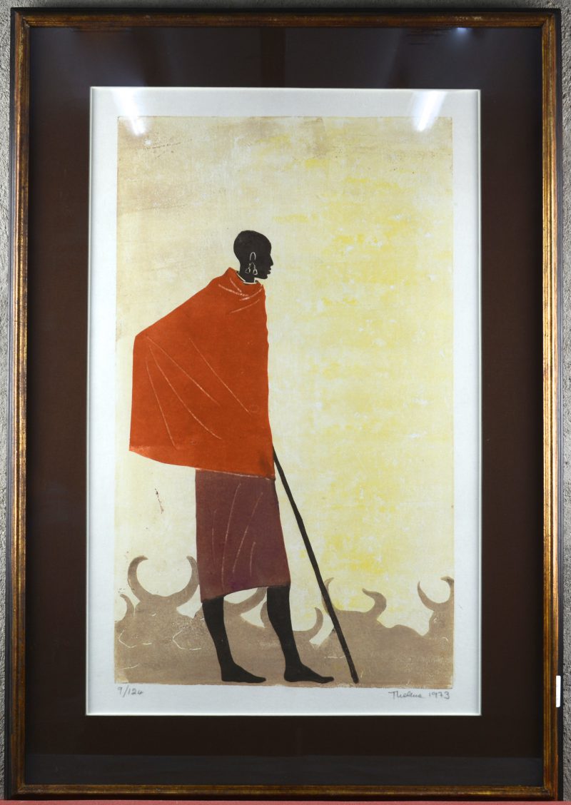 “Masai”. Een lithografie. Gesigneerd, gedateerd 1973 en genummerd 9/24 buiten de plaat.