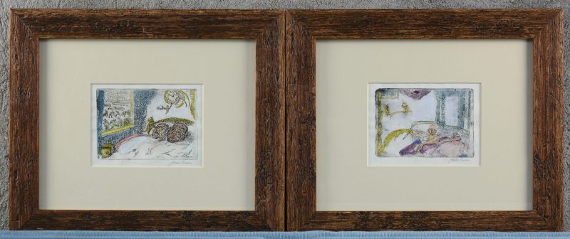 Twee ingekleurde etsen uit de reeks “De Zeven Hoofdzonden” van James Ensor. Apocrief gesigneerd buiten de plaat.