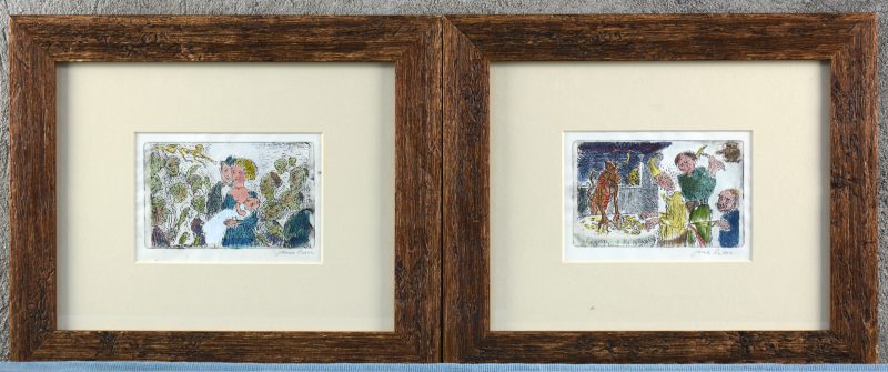 Twee ingekleurde etsen uit de reeks “De Zeven Hoofdzonden” van James Ensor. Apocrief gesigneerd buiten de plaat.