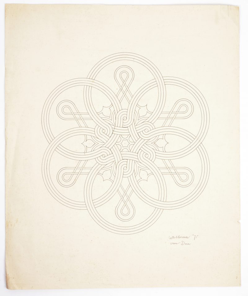 Een geometrische tekening, inkt en potlood op papier. Gesigneerd ‘Alkema ‘75’