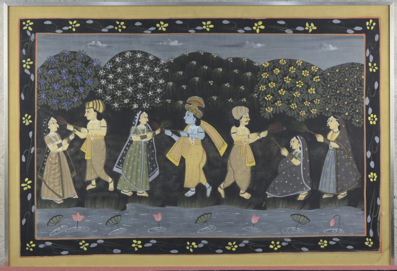 “Krishna met vrouwen”. Een gouacheschildering op zijde.