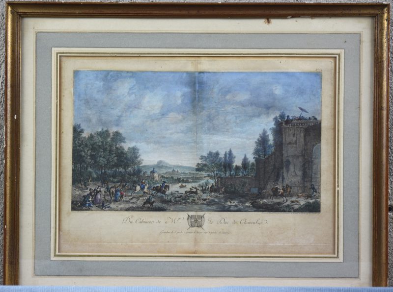 “Du cabinet de M. le Duc de Choisseul” Een met de hand ingekleurde gravure naar Ph. Wouwermans. Gedateerd 1772.