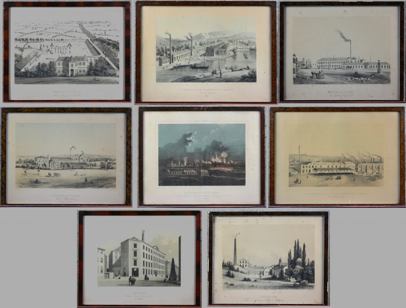 Een reeks van acht lithografieën uit de reeks ‘Belgique Industrielle’, met XIXe eeuwse zichten op bekende industriële bedrijven in en rond Luik en Verviers. Ed. Simonau & Toovey.