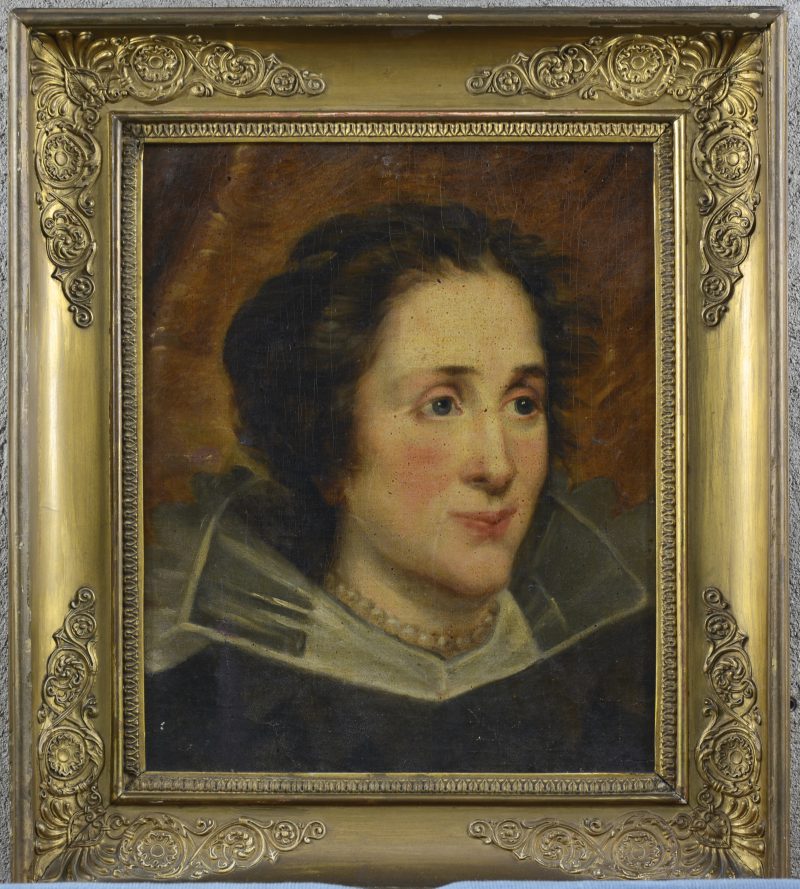 “Vrouwenportret”. Olieverf op gemaroufleerd doek. Enkele restauraties. XVIIe eeuw.