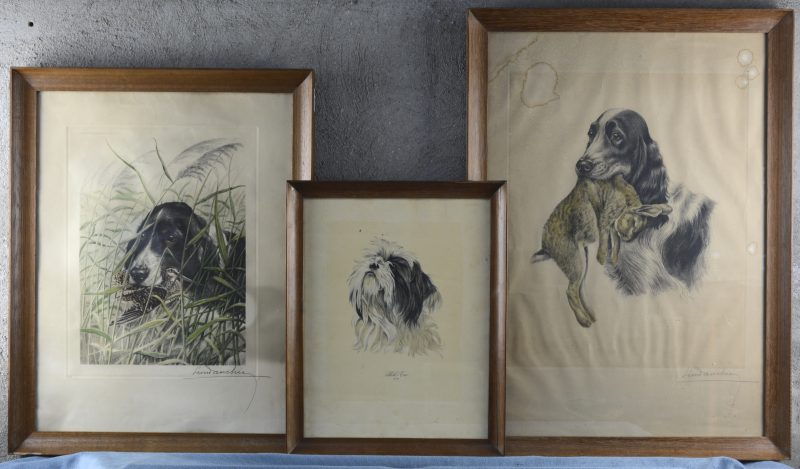 “Chien de chasse”; “Chasse aux canards” & “Shih-Tzu”. Vier lithografieën, waarbij de eerste drie gesigneerd ‘Leon Danchin’ buiten de plaat. Eén met vochtplekjes.