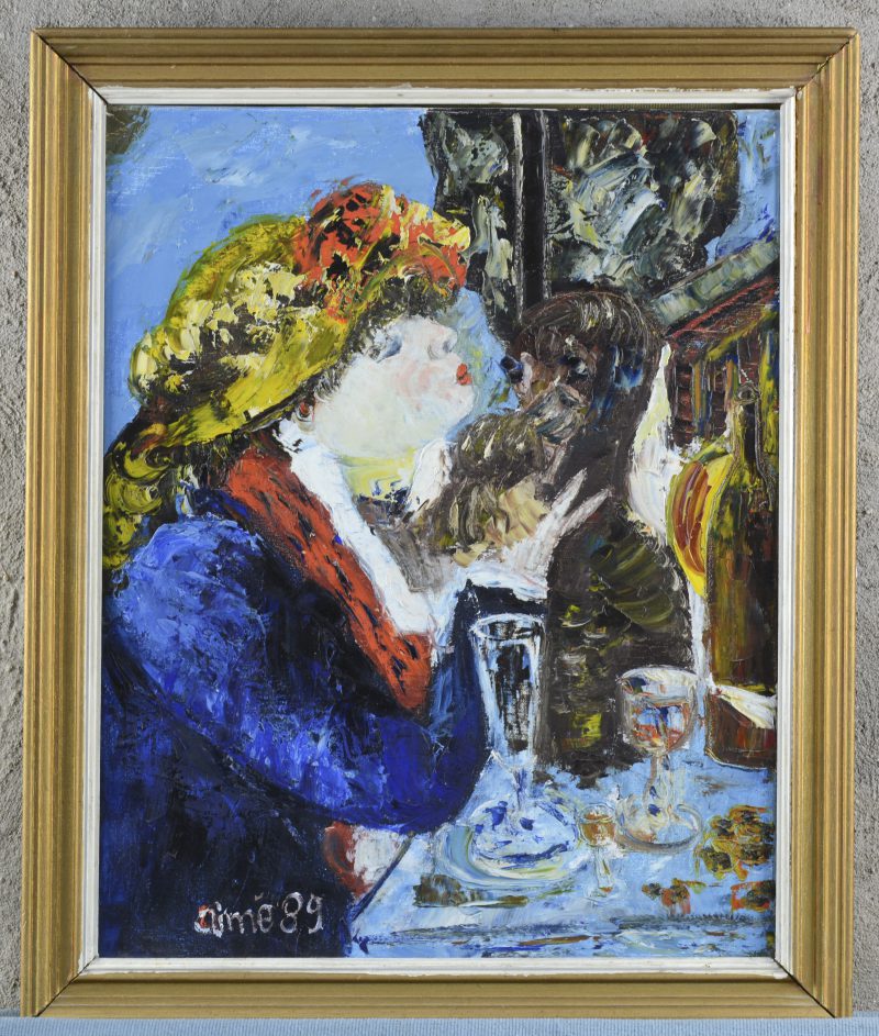 “De lunch van de roeiers - detail”. Olieverf op doek. Naar een werk van Renoir. Gesigneerd en gedateerd ‘89.