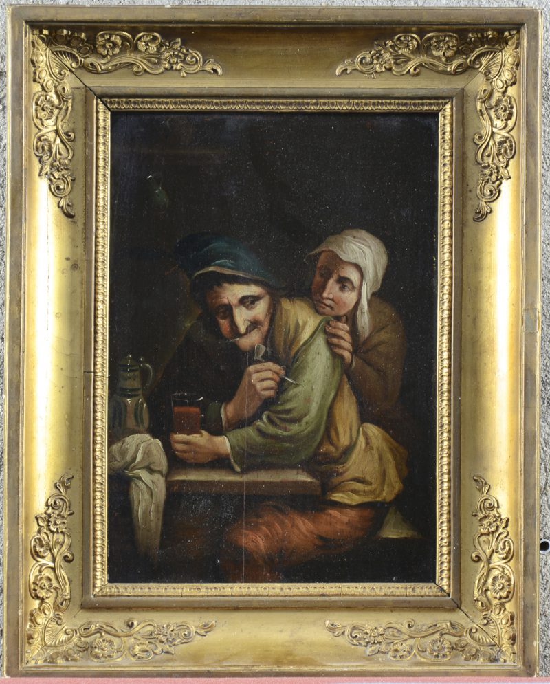 “Man en vrouw in een herberg”. Olieverf op paneel. XIXe eeuw.