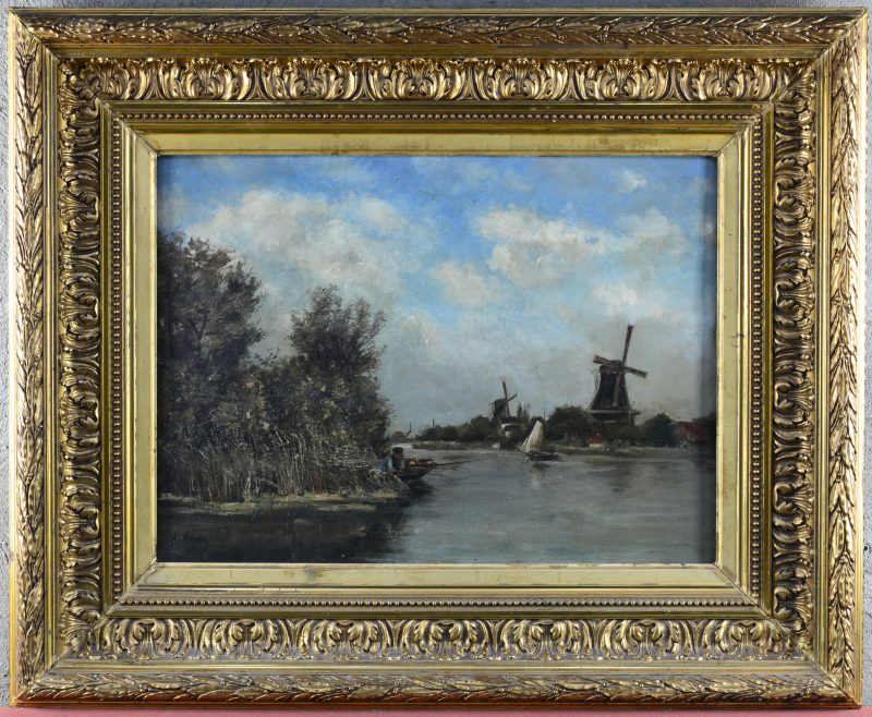 “Visser in een Hollands rivierlandschap”. Olieverf op doek. Gesigneerd en gedateerd ‘91.
