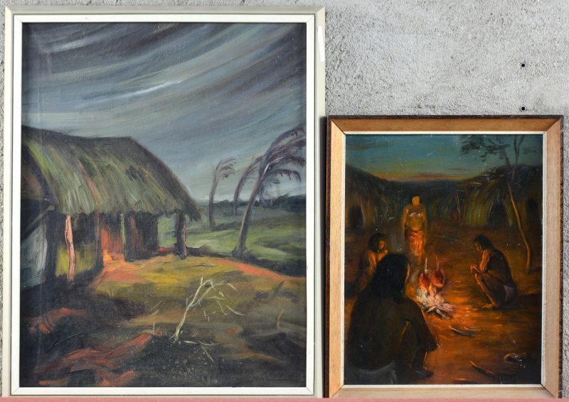 “Rieten hut” & “Stamleden aan het vuur”. Twee olieverfschilderijen, resp op doek en op paneel. Beide gesigneerd.