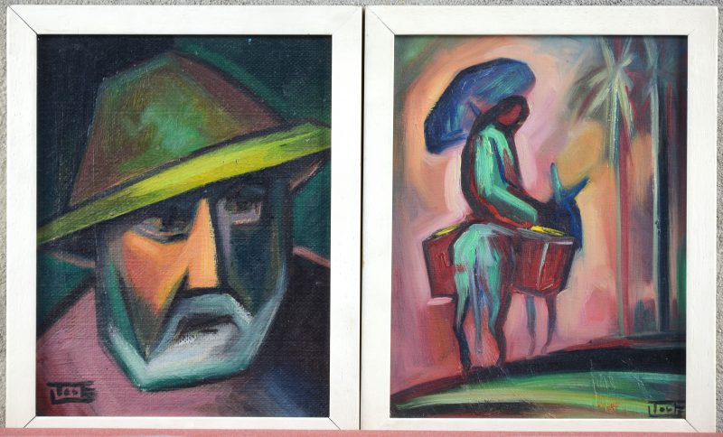 “Man met hoed” & “Personage op ezel”. Twee olieverfschilderijtjes op board. Beide gesigneerd.