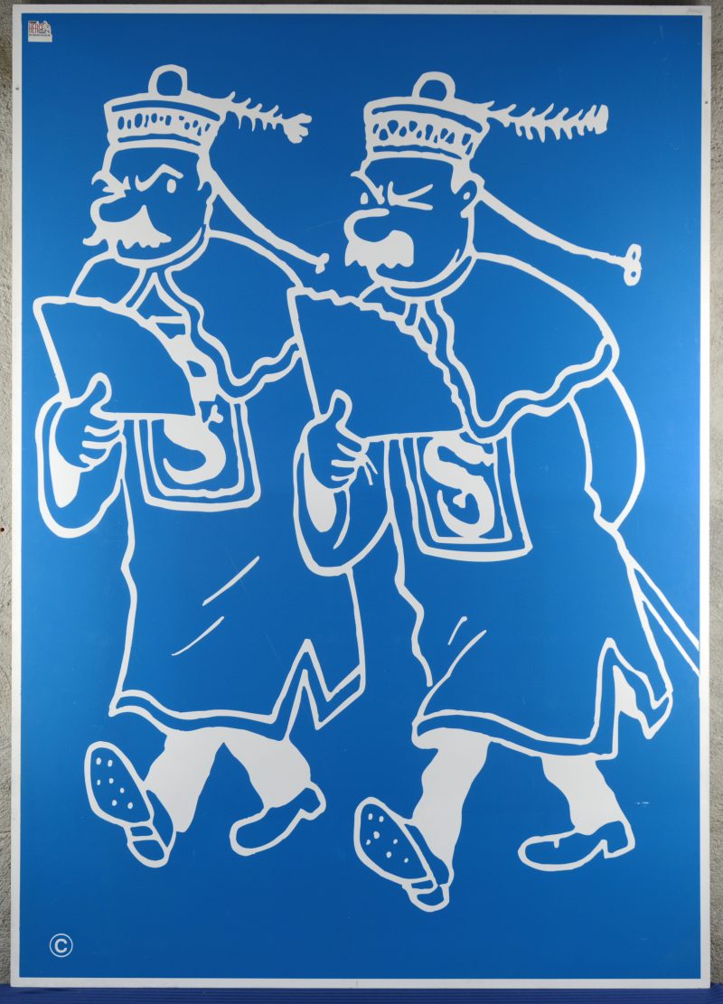 “Jansen & Janssen uit de Blauwe Lotus”. Een zeefdruk op kunststof, gebruikt als reclamepaneel voor de tentoonstelling ‘Tout Hergé’ te Welkenraedt 1991.