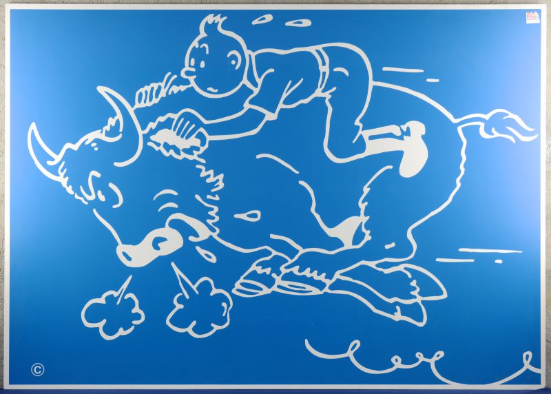 “Scène uit Kuifje in Afrika”. Een zeefdruk op kunststof, gebruikt als reclamepaneel voor de tentoonstelling ‘Tout Hergé’ te Welkenraedt 1991.