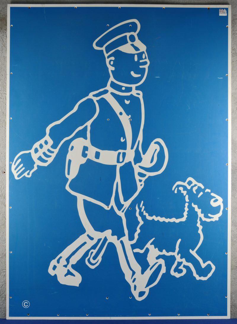 Een zeefdruk op kunststof, gebruikt als reclamepaneel voor de tentoonstelling ‘Tout Hergé’ te Welkenraedt 1991.