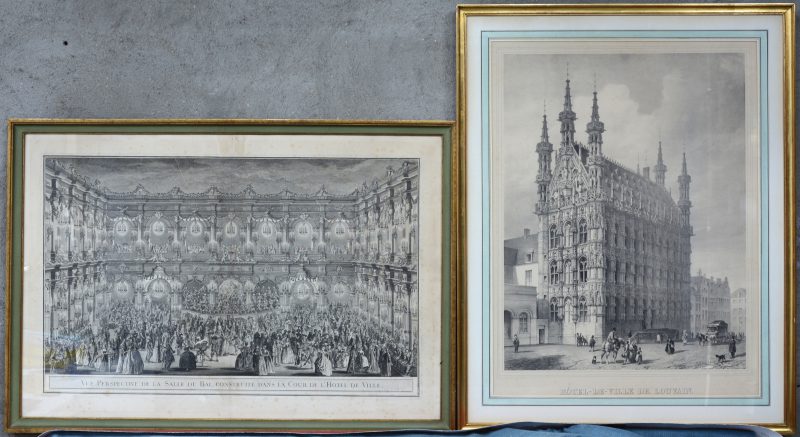 “Hôtel-de-Ville de Louvain” & “Vue Perspective de la Salle du Bal, construite dans la cour de l’Hôtel de Ville”. Een XIXe en een XVIIIe eeuwse gravure.