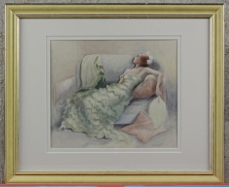 “Slapende jonge vrouw in groene jurk”. Aquarel op papier. Gesigneerd. Engeland, XIXe eeuw.