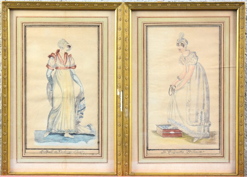 Een paar XIXe eeuwse aquarellen als origineel voor modeprenten. Gesigneerd onder de passe-partout.