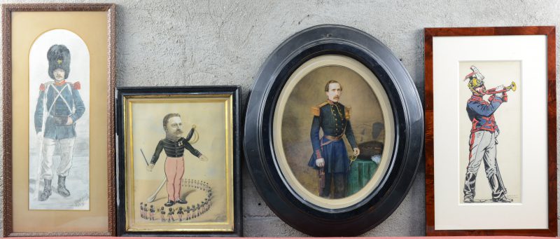 Een lot van vier aquarellen, waarvan twee met Belgische militairen, een militair portret en een karikatuur. Eind XIXe eeuw.