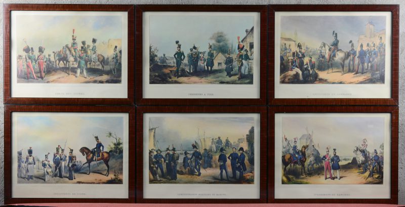 Een lot van zes reproducties met voorstellingen van XIXe eeuwse Belgische militairen.