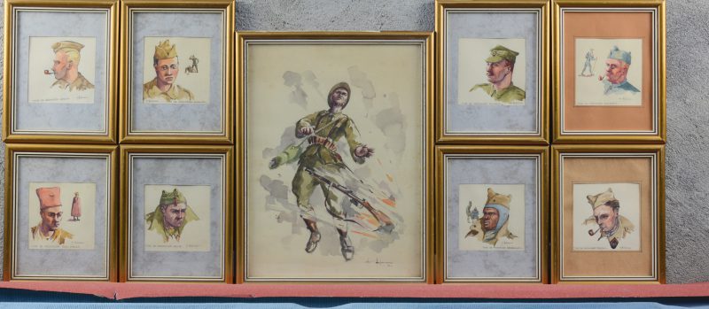 Een reeks van acht kleine aquarellen met voorstellingen van krijgsgevangenen in diverse landen tijdens de Tweede Wereldoorlog. Allen gesigneerd. Bijgevoegd een aquarel van een sneuvelende soldaat van dezelfde kunstenaar, gesigneerd ‘41.
