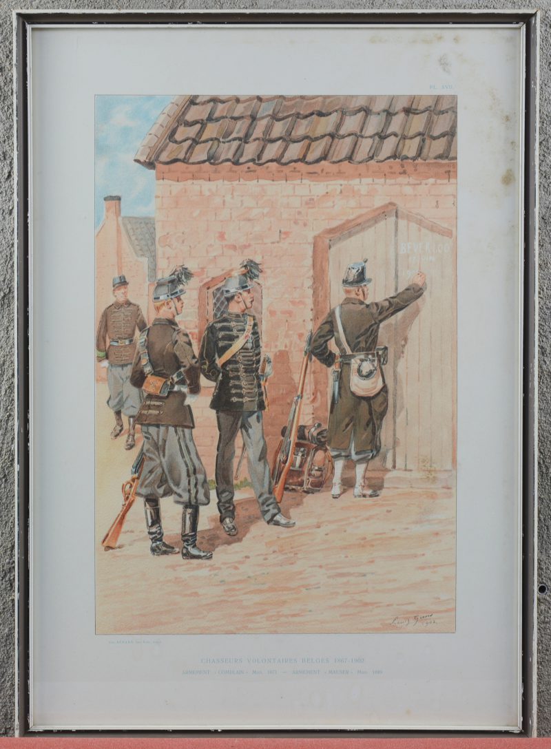 Een lot van vijf verschillende reproducties/lithografieën mbt XIXe eeuwse Belgische militairen/uniformen.