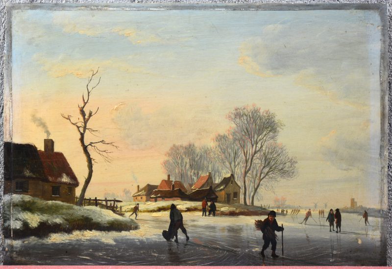 “Personages op een bevroren rivier”. Olieverf op paneel. Hollandse School, XIXde eeuw.