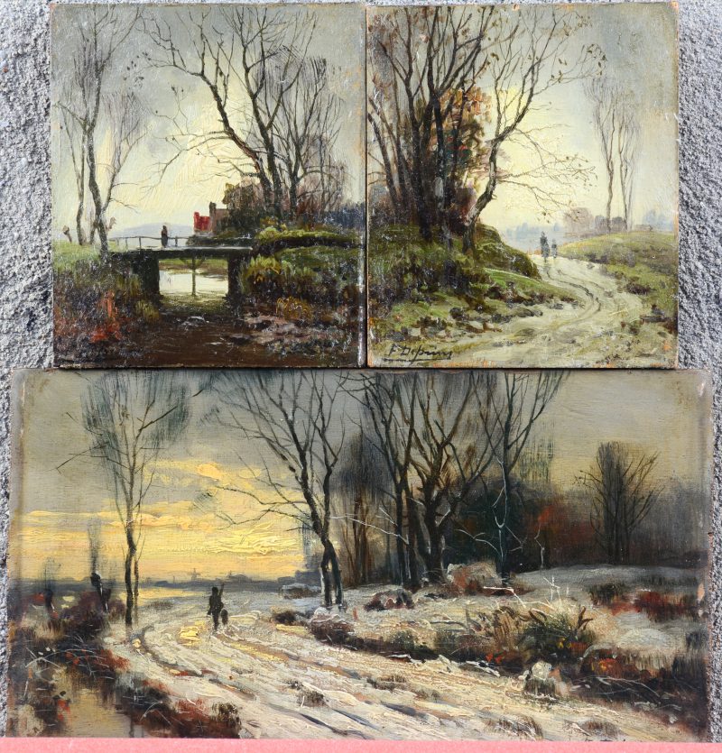 Drie paneeltjes met winterse landschappen”. Olieverf op paneel (2 x 12,5 x 11 cm, 1 x 13,5 x 24 cm). Gesigneerd.