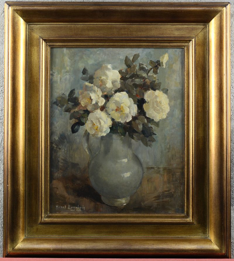 “Stilleven met witte rozen”. Olieverf op paneel. Gesigneerd en gedateerd 1936.