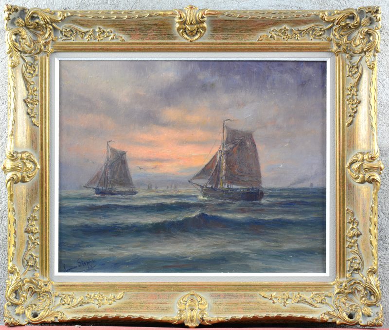 “Zeilschepen op zee bij zonsondergang”. Olieverf op doek. Gesigneerd.