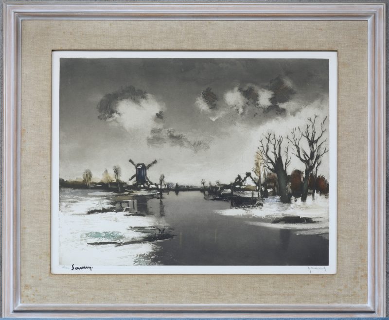 “Winterlandschap met molen aan de Leie”. Een kleurenlitho naar een werk van Albert Saverys. Gesigneerd en genummerd 182/350 buiten de plaat.