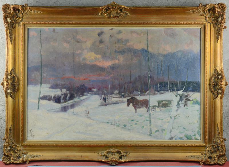 “Boer met paardenkar in een winters landschap”. Olieverf op doek. Gesigneerd met monogram en gedateerd 1930.