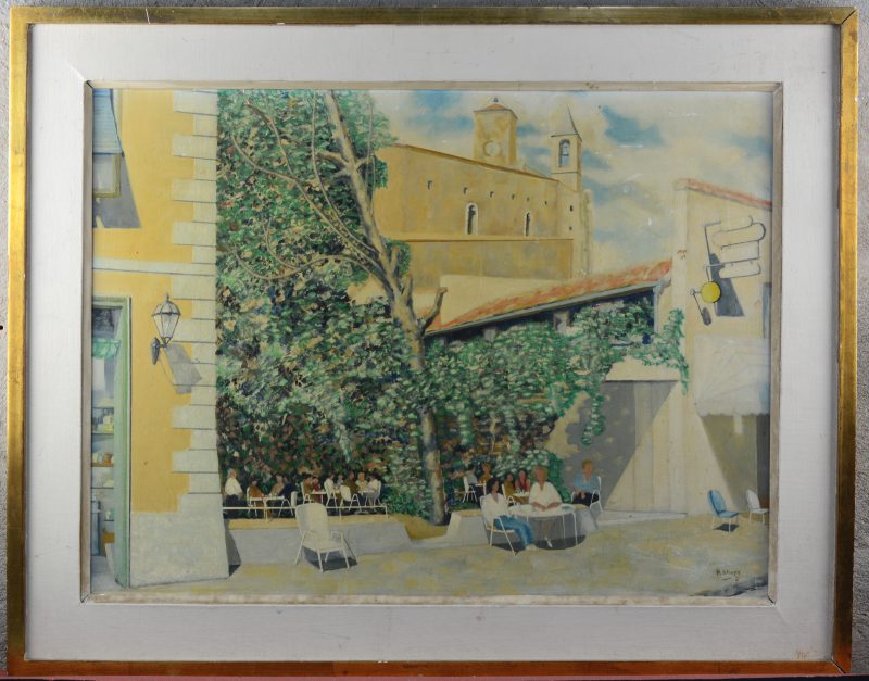 “Borreluur op een pleintje in Castiglione della Pescaia”. Olieverf op doek. Gesigneerd en gedateerd 1986.