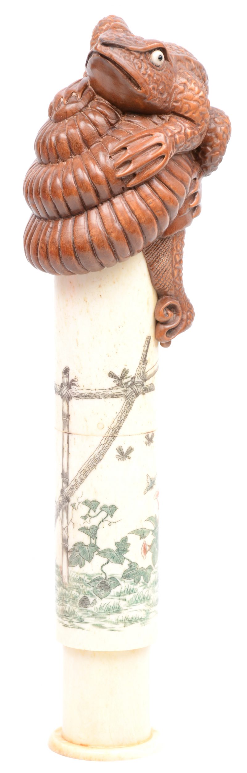 Een Japanse brievenkoker van ivoor met een gegraveerd en gepolychromeerd decor van boeiende planten en insecten en bovenaan getooid met een fijn gesculpteerde houten pad met ivoren oogjes. Onderaan gesigneerd.  Tweede helft XIXe eeuw.