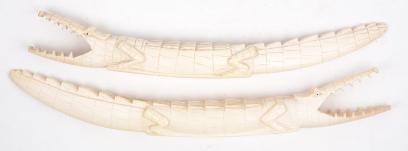 Twee gesculpteerde Afrikaans ivoren slagtanden in de vorm van krokodillen. begin XXe eeuw.